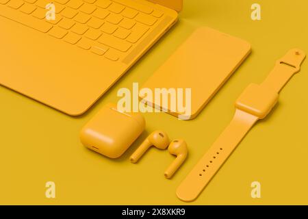 Computer-Tablet aus Aluminium mit Eingabestift, Smart Watch, Telefon und Kopfhörern auf monochromem Hintergrund. 3D-Renderkonzept der kreativen Designerausrüstung und Stockfoto