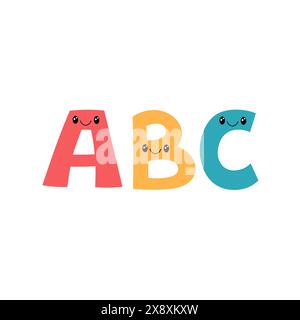 ABC-Buchstaben niedliche Zeichen. Vektor-Illustration zum Lesen von Symbolen lernen. Schulkonzept. Lernelemente. Lustiger Doodle-Stil. Stock Vektor