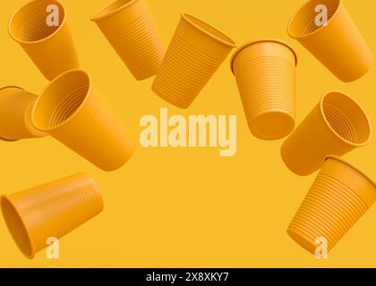 Set aus Kunststoff Einweg-Partybecher isoliert auf monochromem gelbem Hintergrund. 3D-Rendering von Take Away Glas für Saft, frisch, Bier Stockfoto