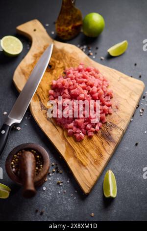 Geschnittenes und gehacktes Thunfischfilet auf hölzernem Schneidebrett in der Hausküche, die traditionelles Tatar kocht Stockfoto