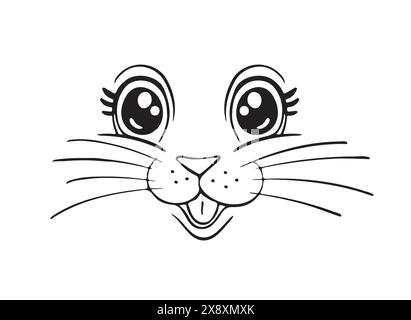 Tiergesichtszeichnung, süßes Katzengesicht mit Augen und Nase, Kitz, Haustier, Maskottchen. Lächelnder Kopf der Bestie. Vektorlinienzeichnung für Kinder, Stickerei. Stock Vektor