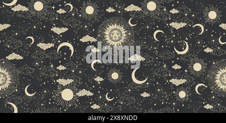 Sonne mit Gesicht, Wolken und Sternen, nahtloses Himmelsmuster für Stoff, Vintage-schwarzer Astrologie-Hintergrund mit goldenen Sternen, Horoskop-Vektor-Ornament. Stock Vektor