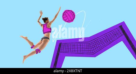 Poster. Zeitgenössische Kunstcollage. Zeichenvorlage. Sportliche Frau in skizzierter Uniform, die Volleyball mit bemaltem Ball spielt. Stockfoto