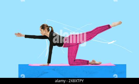 Poster. Zeitgenössische Kunstcollage. Zeichenvorlage. Fitte Frau, die Übungen macht, gekleidete, skizzierte Leggings vor gemaltem Hintergrund. Stockfoto