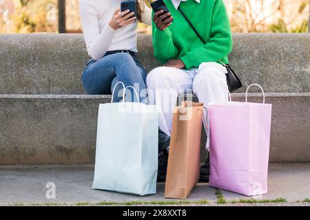 Weibliche Freunde, die ihr Handy benutzen, sitzen im Park Stockfoto