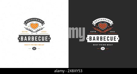 Grill Logo Vektor Illustration Grill Haus oder bbq Restaurant Menü Emblem Fleisch Steak Silhouette. Modernes typografisches Abzeichen- oder Etikettendesign im Vintage-Stil Stock Vektor