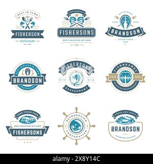 Seafood Restaurant Logos setzen Vektor Illustration. Market- und Fischerembleme, Fische und Meeresfrüchte-Silhouetten. Vintage-Typografie-Abzeichen. Stock Vektor