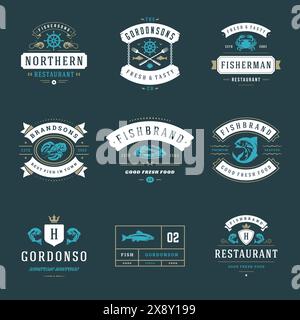 Seafood Restaurant Logos setzen Vektor Illustration. Market- und Fischerembleme, Fische und Meeresfrüchte-Silhouetten. Vintage-Typografie-Abzeichen. Stock Vektor