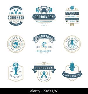 Seafood Restaurant Logos setzen Vektor Illustration. Market- und Fischerembleme, Fische und Meeresfrüchte-Silhouetten. Vintage-Typografie-Abzeichen. Stock Vektor