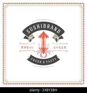 Sushi Restaurant Logo Vektor Illustration. Japanisches Essen, Oktopussilhouette. Vintage-Typografie-Abzeichen. Stock Vektor