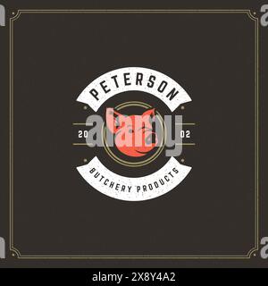 Vektordarstellung des Logos der Metzgerei. Schweinekopf-Silhouette, gut für Farm- oder Restaurantabzeichen. Vintage Typografie-Emblem-Design. Stock Vektor