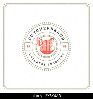 Vektordarstellung des Logos der Metzgerei. Schweinekopf-Silhouette, gut für Farm- oder Restaurantabzeichen. Vintage Typografie-Emblem-Design. Stock Vektor