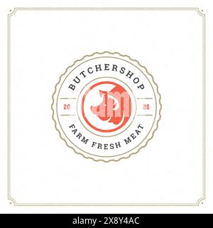 Vektordarstellung des Logos der Metzgerei. Schweinekopf-Silhouette, gut für Farm- oder Restaurantabzeichen. Vintage Typografie-Emblem-Design. Stock Vektor