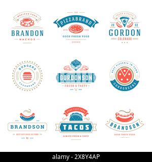 Fastfood-Logos setzen Vektor-Illustration gut für Pizzeria oder Burger Shop und Restaurant Menü-Abzeichen mit Essen Silhouetten. Retro-Typografie Emblems de Stock Vektor