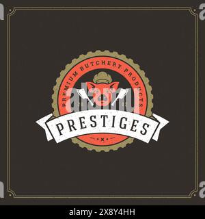 Vektordarstellung des Logos der Metzgerei. Schweinekopf-Silhouette, gut für Farm- oder Restaurantabzeichen. Vintage Typografie-Emblem-Design. Stock Vektor