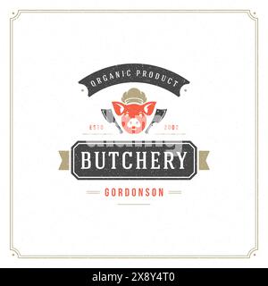 Vektordarstellung des Logos der Metzgerei. Schweinekopf-Silhouette, gut für Farm- oder Restaurantabzeichen. Vintage Typografie-Emblem-Design. Stock Vektor
