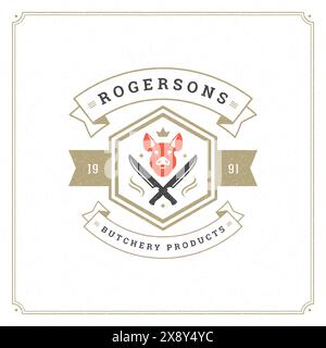 Vektordarstellung des Logos der Metzgerei. Schweinekopf-Silhouette, gut für Farm- oder Restaurantabzeichen. Vintage Typografie-Emblem-Design. Stock Vektor