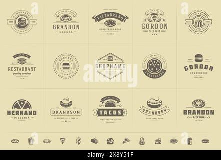 Fastfood-Logos setzen Vektor-Illustration gut für Pizzeria oder Burger Shop und Restaurant Menü-Abzeichen mit Essen Silhouetten. Retro-Typografie Emblems de Stock Vektor