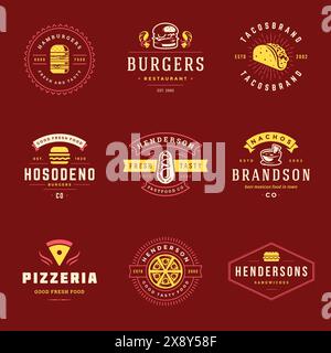 Fastfood-Logos setzen Vektor-Illustration gut für Pizzeria oder Burger Shop und Restaurant Menü-Abzeichen mit Essen Silhouetten. Retro-Typografie Emblems de Stock Vektor