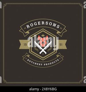 Vektordarstellung des Logos der Metzgerei. Schweinekopf-Silhouette, gut für Farm- oder Restaurantabzeichen. Vintage Typografie-Emblem-Design. Stock Vektor