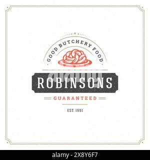 Vektor-Illustration des Metzgerladens. Würstchen Silhouette, gut für Bauernhof oder Restaurant Abzeichen. Vintage-Typografie-Emblem. Stock Vektor
