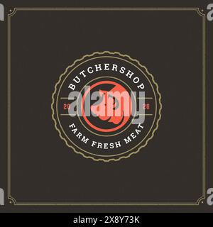 Vektordarstellung des Logos der Metzgerei. Schweinekopf-Silhouette, gut für Farm- oder Restaurantabzeichen. Vintage Typografie-Emblem-Design. Stock Vektor