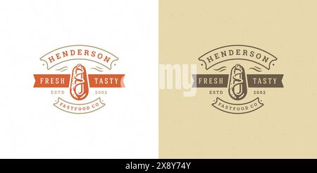 Hot Dog Logo Vektor Illustration Wurst Silhouette gut für Restaurant Menü und Cafe Abzeichen. Vintage-Typografie-Emblem. Stock Vektor