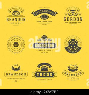 Fastfood Logos Set Vektor Illustration. Gut für Pizzeria, Burgerladen und Restaurantkarten, Fast Food Silhouetten. Retro-Typografie Emblems de Stock Vektor