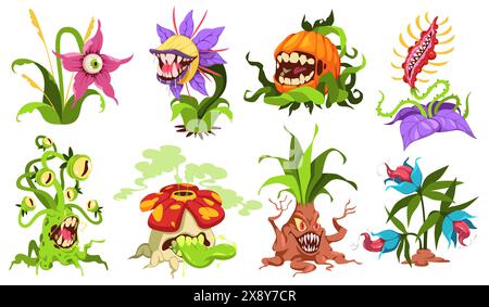 Comic Monster Pflanzen. Fleischfressende Flora mit Zähnen, Augen, gruseligen Blumen, giftigen räuberischen botanischen Charakteren, wütenden hässlichen Kreaturen Stock Vektor