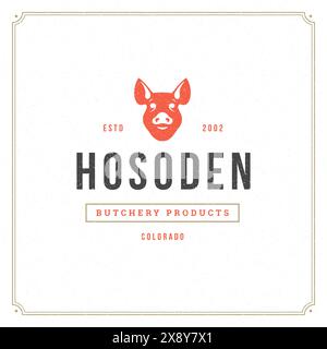 Vektordarstellung des Logos der Metzgerei. Schweinekopf-Silhouette, gut für Farm- oder Restaurantabzeichen. Vintage Typografie-Emblem-Design. Stock Vektor