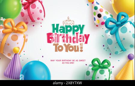 Happy Birthday Gruß Vektor Vorlage Design. Geburtstagsgrußtext mit Geschenken, Mütze, Hut und Luftballons aufblasbare Dekorationselemente für Kinderparty Stock Vektor