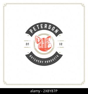 Vektordarstellung des Logos der Metzgerei. Schweinekopf-Silhouette, gut für Farm- oder Restaurantabzeichen. Vintage Typografie-Emblem-Design. Stock Vektor