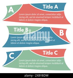 Set aus drei horizontalen bunten Optionen Banner. Schritt-für-Schritt-Infografik-Designvorlage. Vektorabbildung Stock Vektor