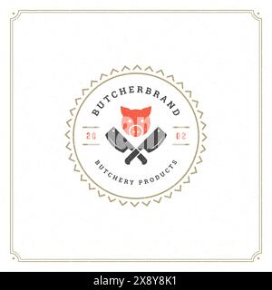 Vektordarstellung des Logos der Metzgerei. Schweinekopf-Silhouette, gut für Farm- oder Restaurantabzeichen. Vintage Typografie-Emblem-Design. Stock Vektor