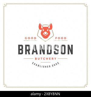 Vektordarstellung des Logos der Metzgerei. Schweinekopf-Silhouette, gut für Farm- oder Restaurantabzeichen. Vintage Typografie-Emblem-Design. Stock Vektor