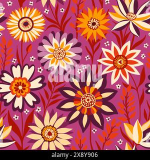 Florale nahtlose Zufallsmuster mit Fantasy-Blumen im böhmischen Stil in Magenta, Gelb, weiß, Lila, Orange, rote Farben, ideal für Textilien, Oberflächen, Tapeten, Geschenkpapiere, Stoffe, Drucke. Stock Vektor