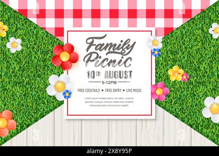 Picknick-Zeit-Banner, Poster, Flyer-Design mit Tischdecke, Holztisch, bunte Gänseblümchen-Blumen auf grünem Grashintergrund und Hand gezeichneter Kalligraphie le Stock Vektor