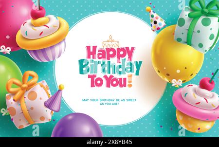 Happy Birthday Gruß Vector Design. Geburtstagskuchen Blaubeergeschmack, Partyhut, Ballons und Geschenkbox Elemente Dekoration für Kinder Party Hintergrund. Stock Vektor