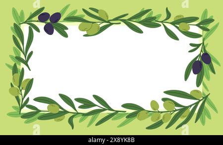 Rahmen für Olivenzweige. Werkszweige. Bannerschablone mit grünen und schwarzen Früchten. Weißes Blatt bedeckt mit Gartenölstämmen. Platz für Text. Sommer Foli Stock Vektor