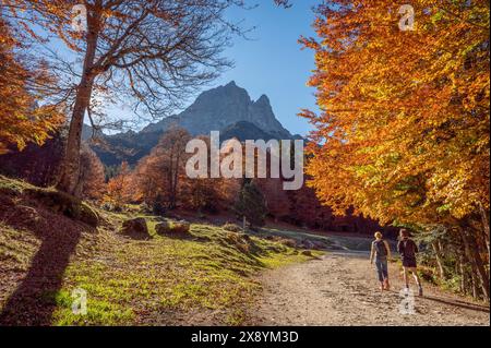 Frankreich, Pyrenäen Atlantiques, Bearn, Wanderer auf einem Pfad im Herbst und Blick auf den PIC du Midi d'Ossau Stockfoto