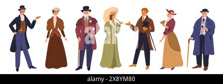 Meine Damen und Herren. Männer- und Frauenmode des 19. Jahrhunderts in Europa. Aristokratische Kleider und Kostüme. Elegante Kleidung. Viktorianisches Outfit. Frauen-Klasse Stock Vektor