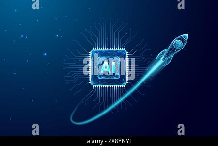 Digitale abstrakte Rakete und KI-Chip. Abstrakter technologischer Hintergrund. Stock Vektor