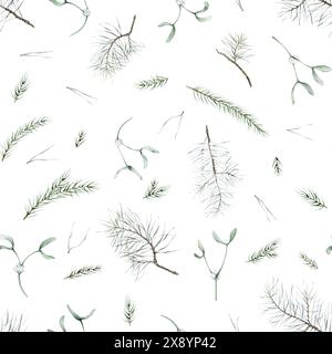 Nahtloses Weihnachtsmuster mit Tannenzweigen und traditionellen weißen Misteln. Handgemalte Kiefernnadeln Illustration auf isoliert Stockfoto