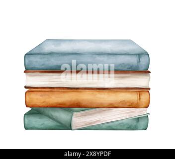 Aquarellillustrationen Stapel von Büchern zum Lesen, Stapel von Lehrbüchern für den Unterricht. Eine Reihe von Literatur, Wörterbüchern, Enzyklopädien. Farbig Stockfoto