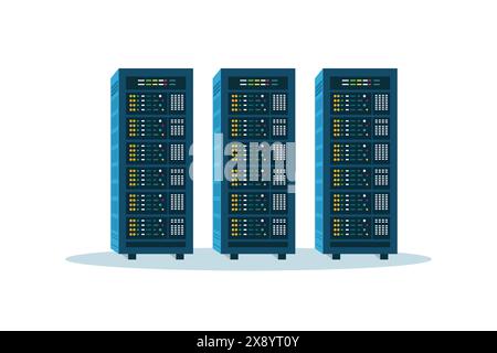 Serverraum isoliert auf weißem Hintergrund. Cloud-Systemkonzept. Rechenzentrum. Datenspeicherung. Cloud-Speicher. Einfache Darstellung der Computertechnik. Stock Vektor