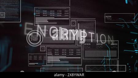 Abbildung des Verschlüsselungstextes über Diagrammen, Ladebalken, Kreisen und Binärcodes auf schwarzem Hintergrund Stockfoto
