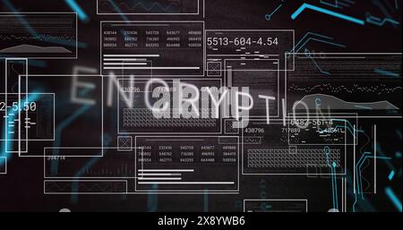 Abbildung des Verschlüsselungstextes über Diagrammen, Ladebalken, Kreisen und Binärcodes auf schwarzem Hintergrund Stockfoto
