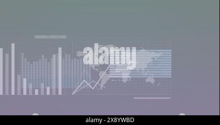 Bild mehrerer Diagramme, Karte und wechselnde Zahlen vor grauem Hintergrund Stockfoto