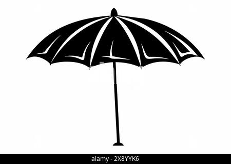 Schwarzer Sonnenschirm mit schlichtem geometrischem Design. Minimalistischer Stil, einfarbige Kunstwerke, Wetterschutzkonzept. Schwarze Silhouette isoliert auf wh Stock Vektor