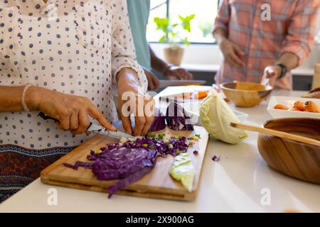 Verschiedene Seniorenfreunde kochen zu Hause zusammen Stockfoto